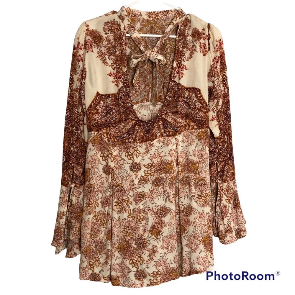Free People Lady Luck Floral Tunic Bell Sleeve Spring Peasant Blouse Women Small